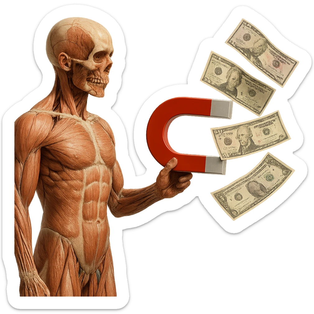 corpo umano anatomico con calamita rossa in mano che attira banconote, iperrealistica 4k, isolato su sfondo bianco sticker