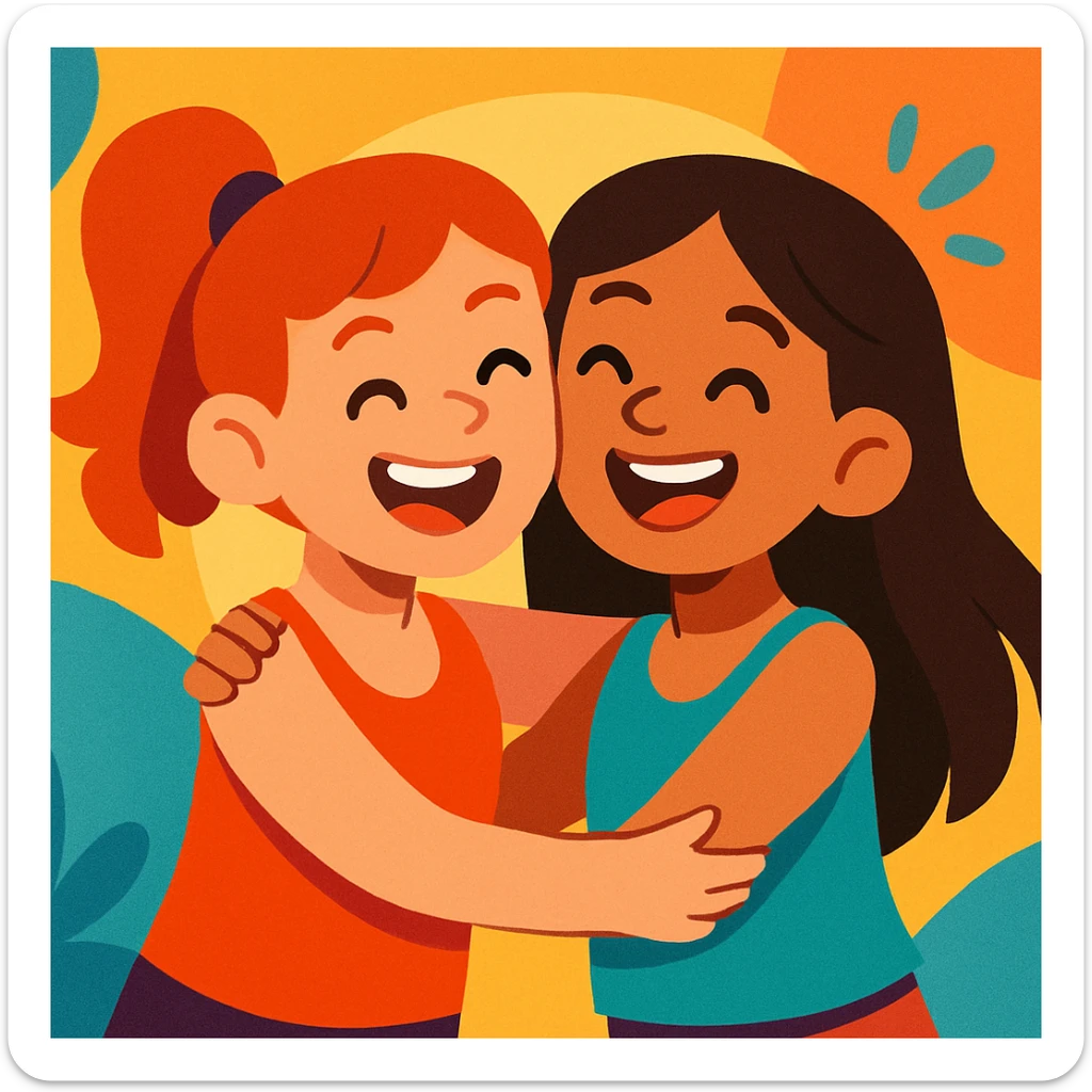 two best friends, girls in tank tops hugging, cheerful, colorful cartoon style sticker