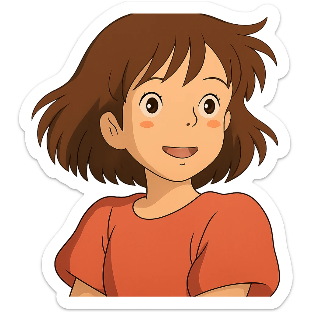 a wonderful girl with brown hair, ghibli style sticker