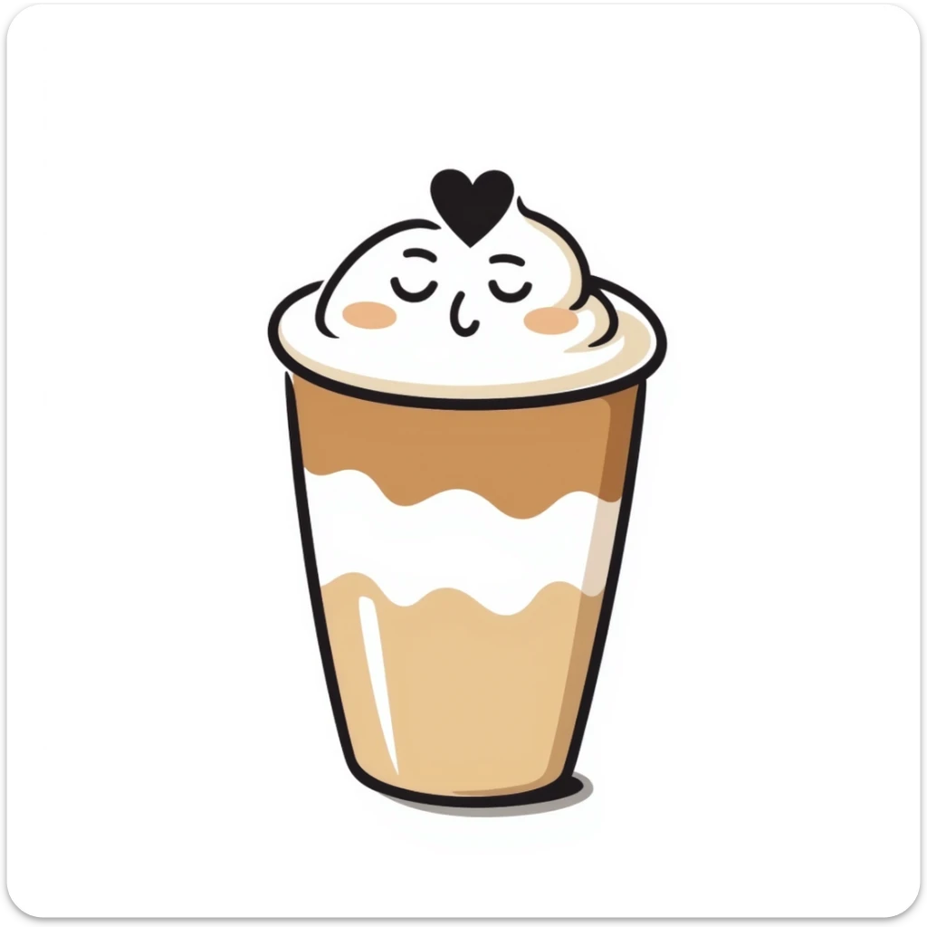latte with heart foam and a cute face, caramel beige and coffee brown, dreamy hand-drawn Japanese style sticker