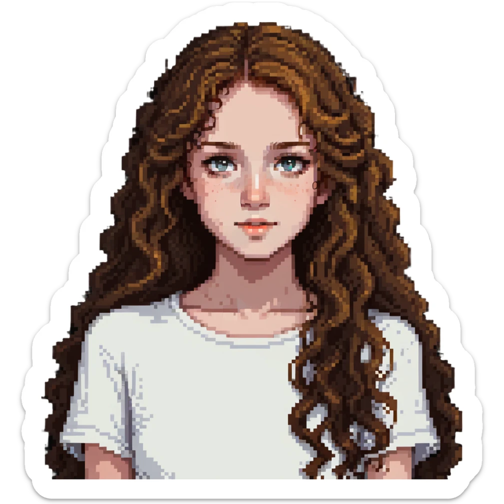 adolescent girl with long wavy hair, freckles, long eyelashes, white top sticker