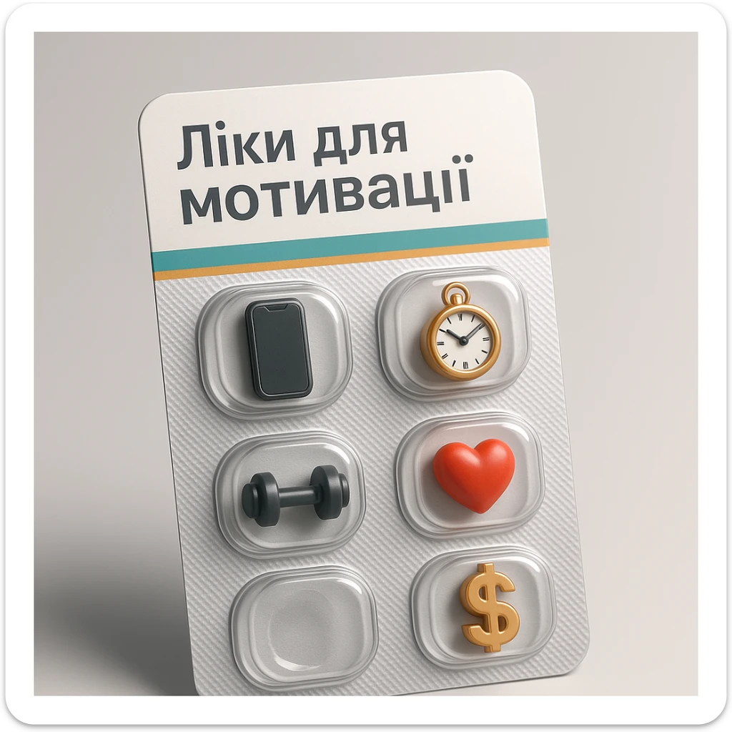 Create an ironic 3D illustration of blister pack tablets in the style of a pharmacy product, but with a satirical twist.
Instead of regular capsules, there should be miniature symbolic objects inside that represent a ‘cure’ for a specific modern problem, condition, or desire.
Title: "Ліки для мотивації". sticker
