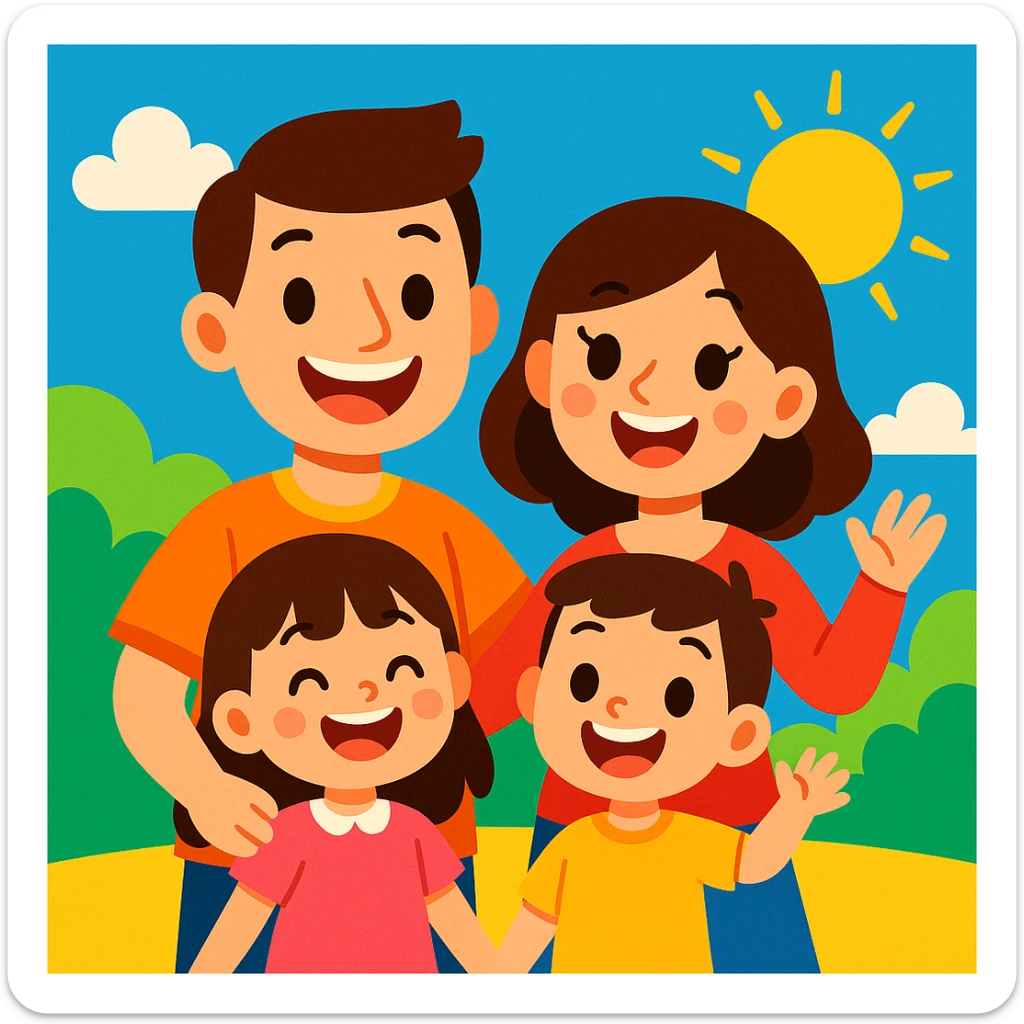 a cheerful cartoon family, vibrant toon style, vibrant colors sticker