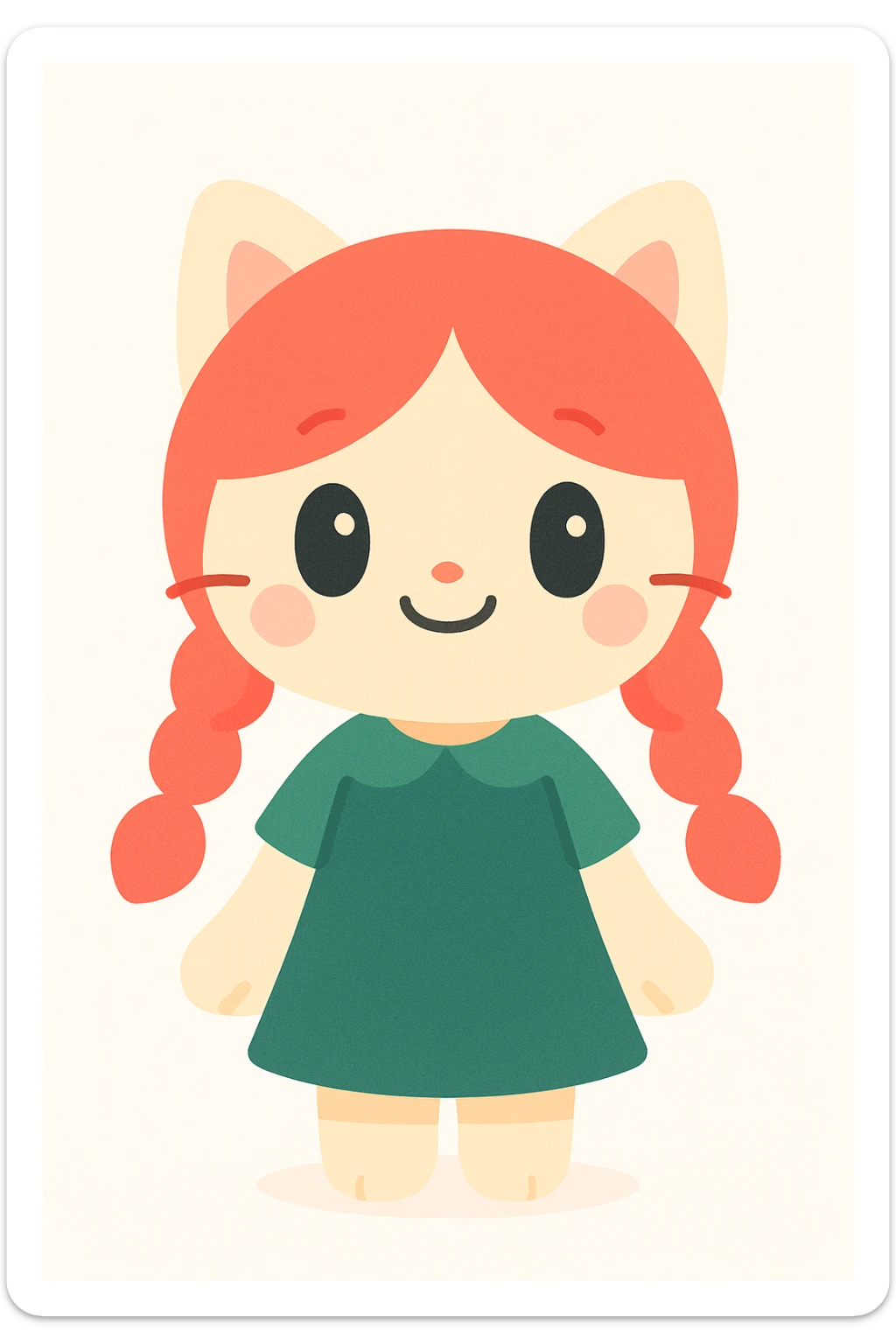 catgirl with vivid red twin braids, dark green dress, standing, friendly and whimsical, anime style sticker