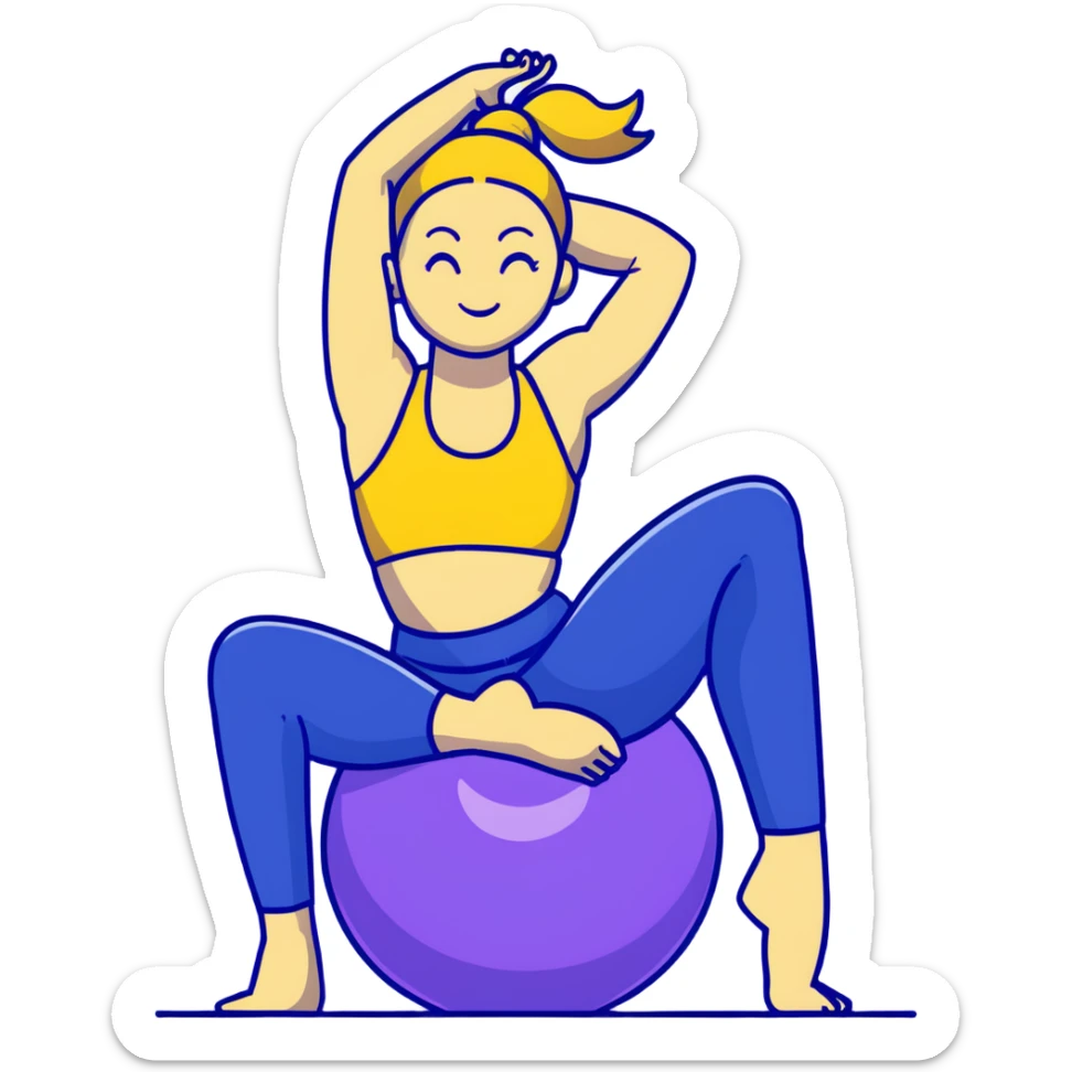 Yellow-skinned girl with high ponytail wearing blue sports bra and navy yoga pants doing yoga with a large exercise ball sticker