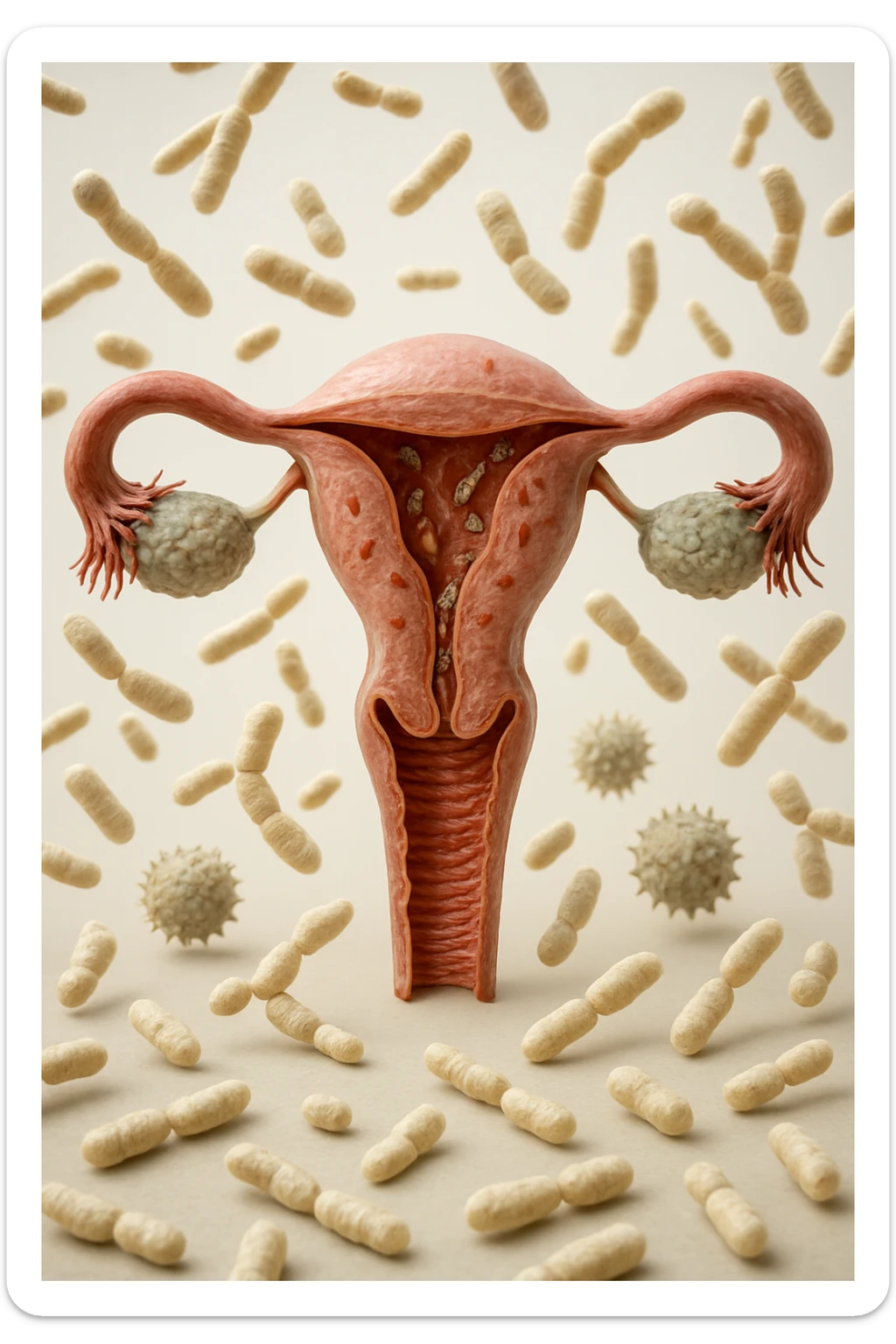 utero umano realistico con batteri della candida intorno, la foto si deve vedere per intero in formato verticale, sullo sfondo neutro chiaro ci sono batteri della candida, iperrealistico 4k sticker