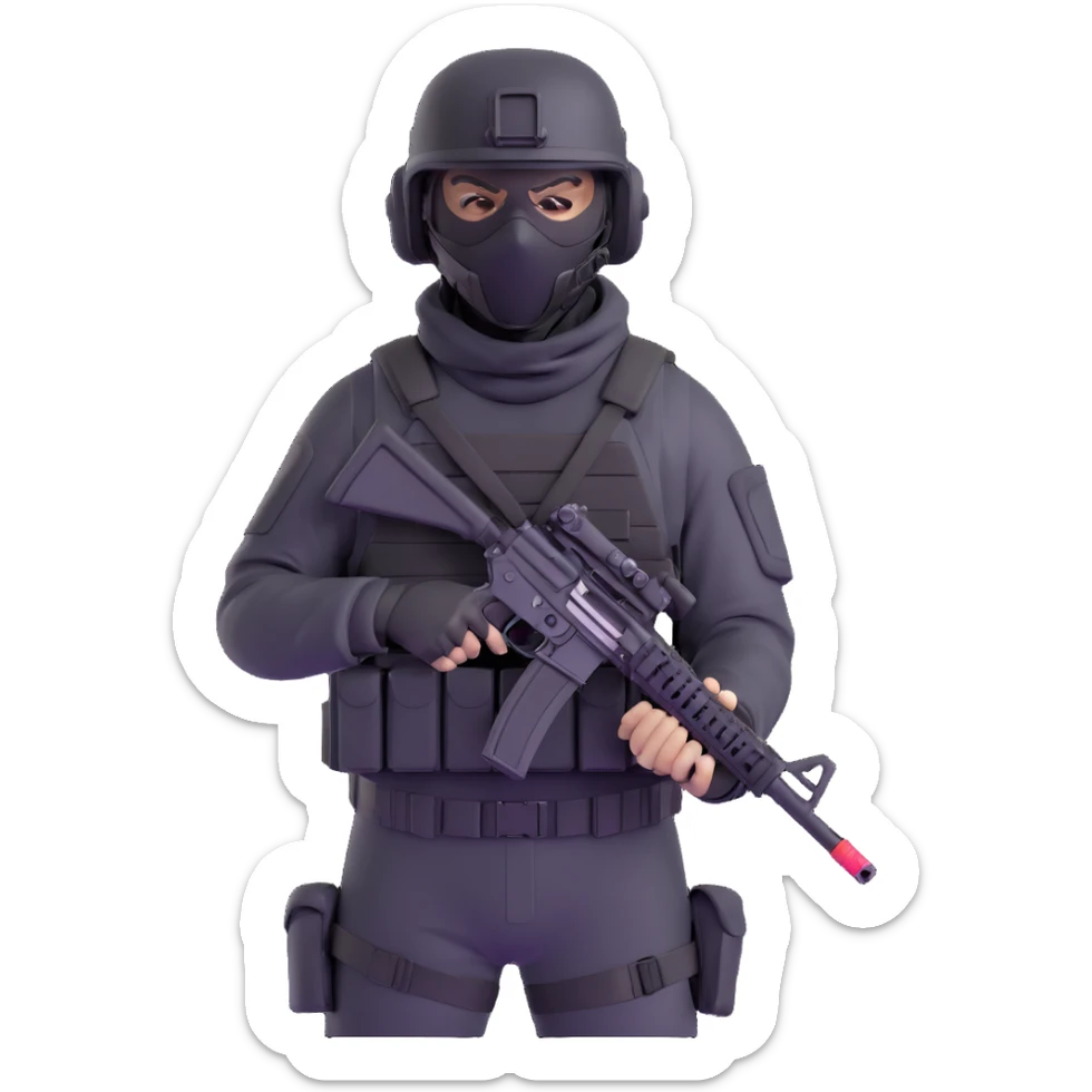armed figure in all-black tactical gear, shiesty mask, helmet, holding a rifle sticker