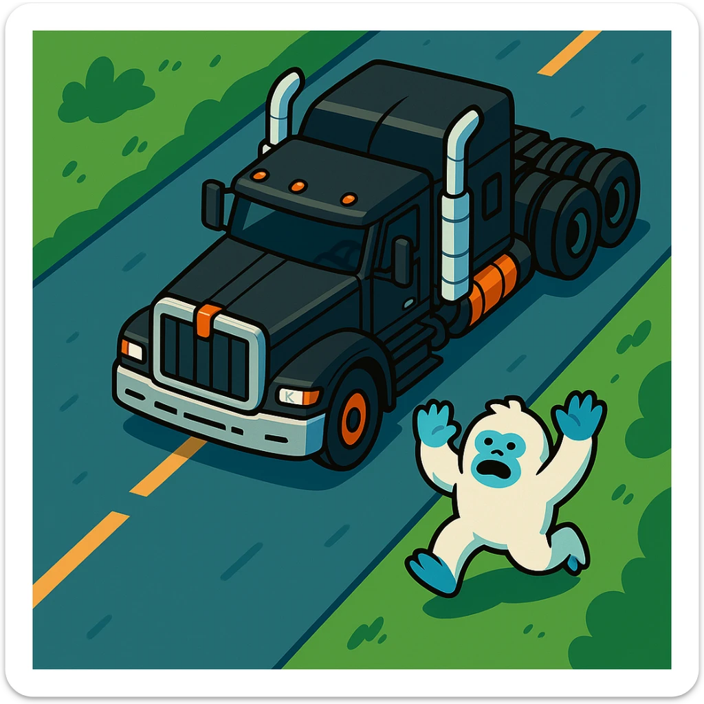 Place the small abominable snowman clearly on the road in front of the black 2026 Kenworth W680 flat top semi sleeper, top-down vibrant toon style, no text. sticker