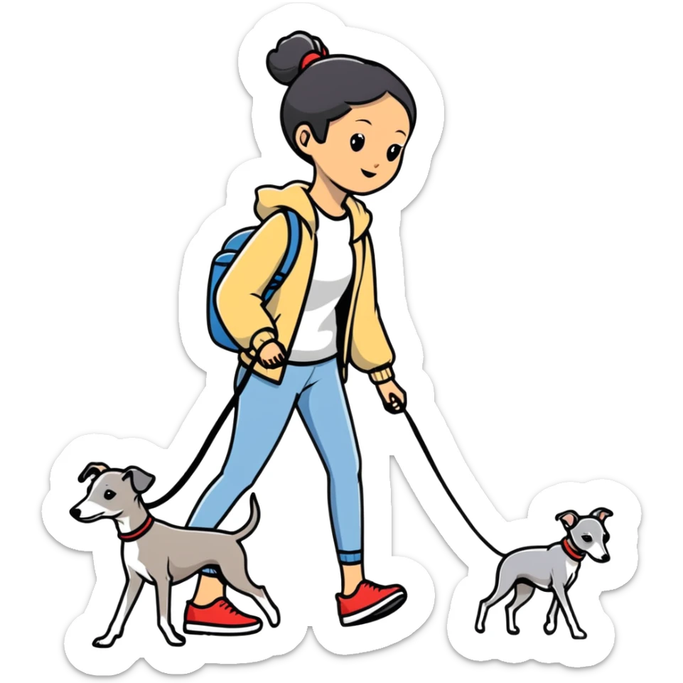 Asian girl walking an all grey Italian greyhound with no white nose, completely grey dog sticker