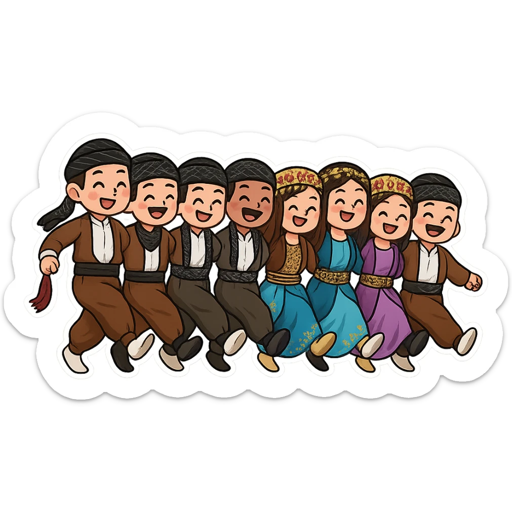 Cartoon sticker of a group of Kurdish men and women performing traditional Kurdish dance, wearing traditional Kurdish clothes and shawls exactly like the reference images, hand in hand pose with legs raised as in Kurdish dance, colorful and joyful, no text, suitable for WhatsApp and Instagram, transparent background. sticker