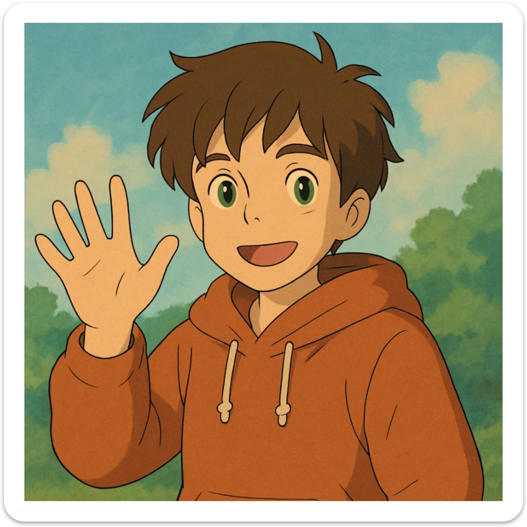 A boy brown hair green eyes with hoodie a hand and say hello sticker