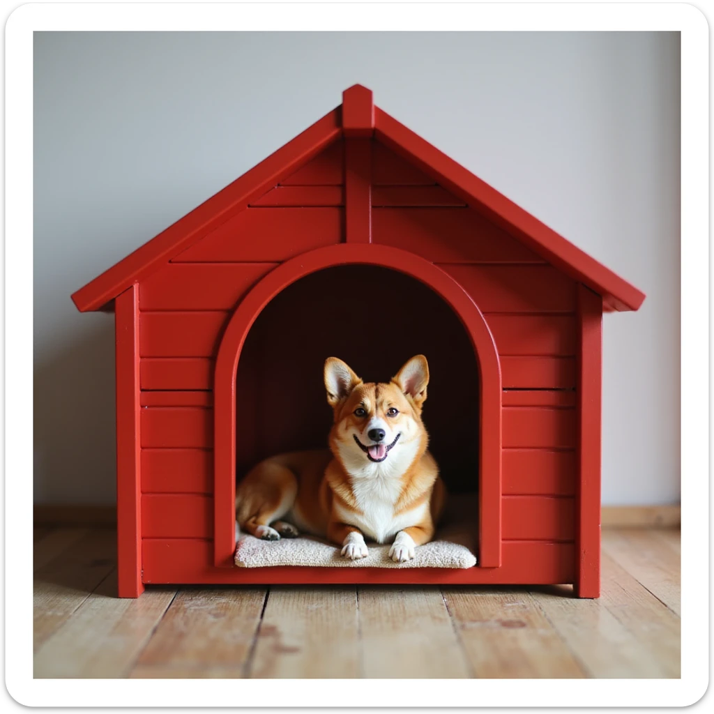 realistic red dog house with a Corgi dog inside, Corgi with a mat, photorealistic style sticker