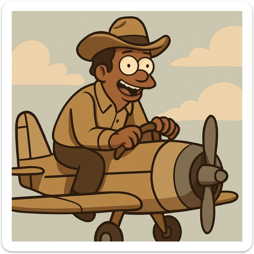 brown male wearing a hat sitting on an aircraft, cartoon style sticker