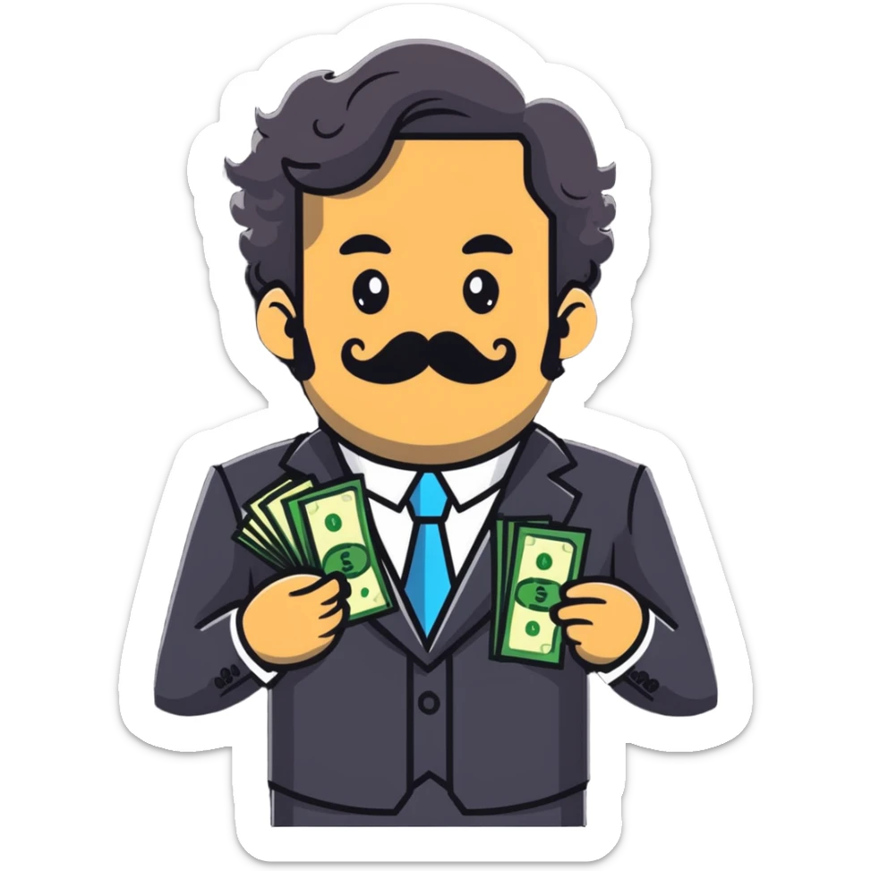 Finance broker with enormous curly mustache, business suit, dollar sign eyes, holding money sticker