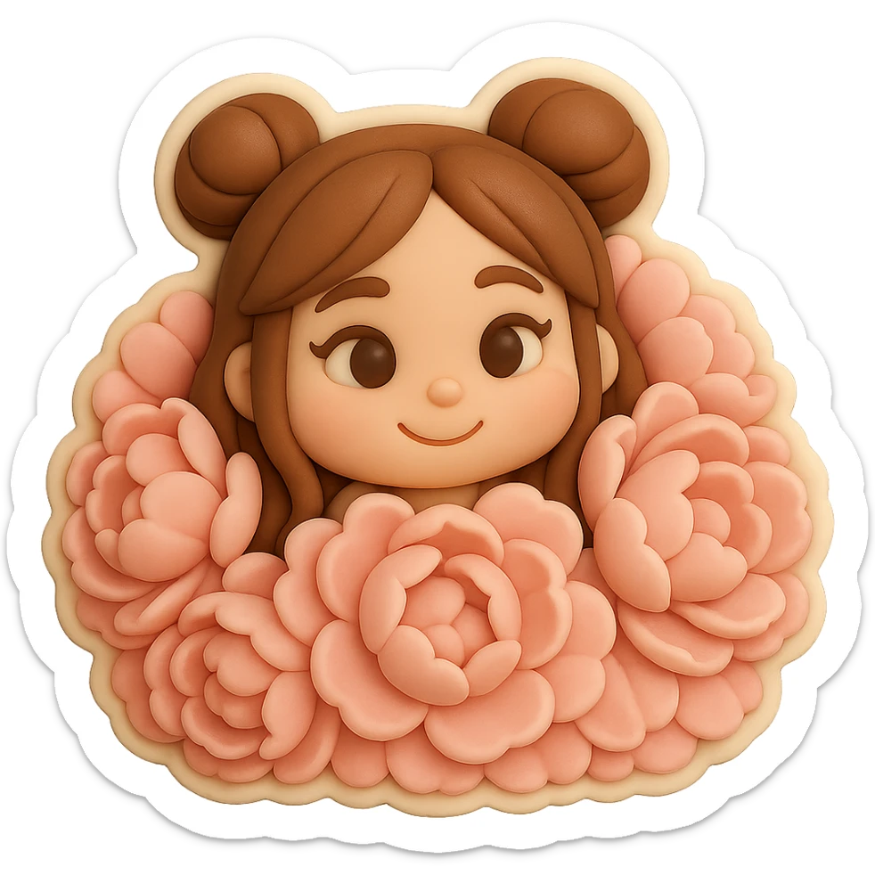 3D chibi fondant cake art style, high-quality rendering with smooth shadows and soft gradients. Girl based on reference image with preserved facial features and eye shape exactly as in the reference. Long brown hair in two space buns, brown eyes, thick white outline like a sticker, transparent background. Only her happy head peeks out from the very center of a huge, fluffy bush of soft pink peonies, petals almost completely surround her face. sticker