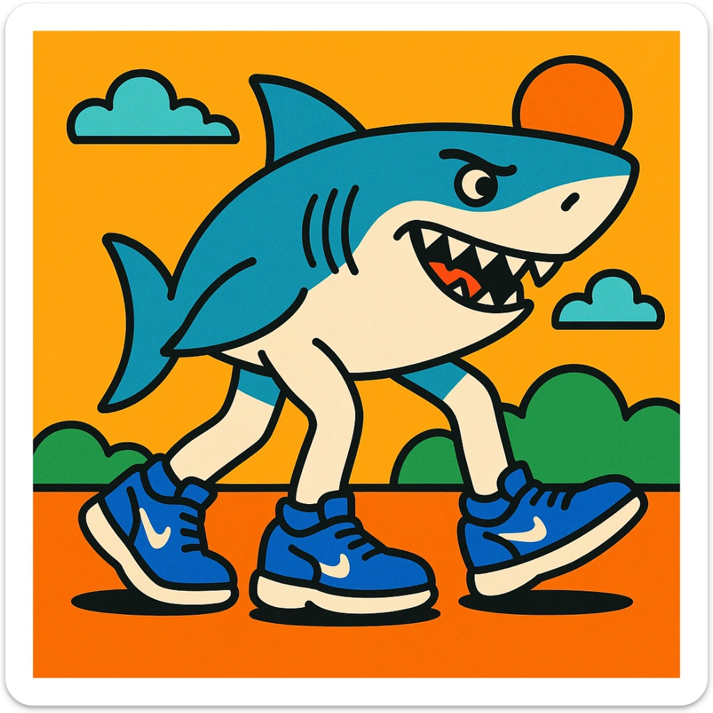 Tralalero Tralala, an Italian Brainrot character: a great white shark with three legs, wearing blue Nike shoes, vibrant cartoon style sticker