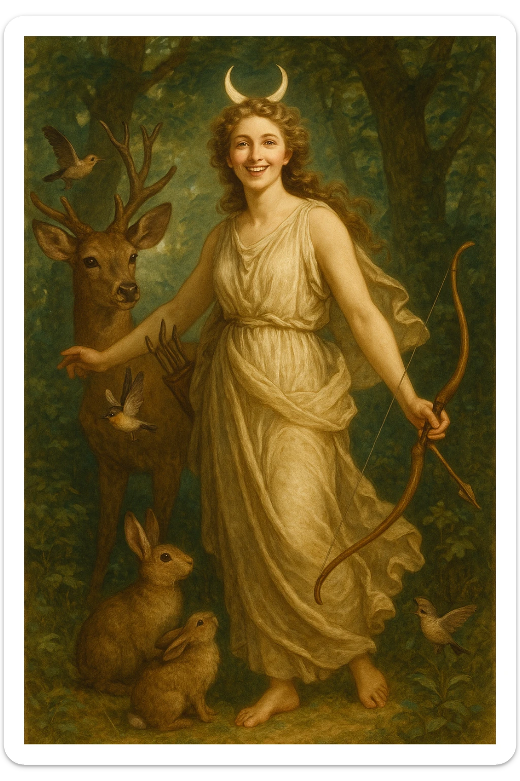 Diana, goddess of the hunt, cheerful, with flowing robes, bow in hand, surrounded by forest animals, crescent moon on her head sticker