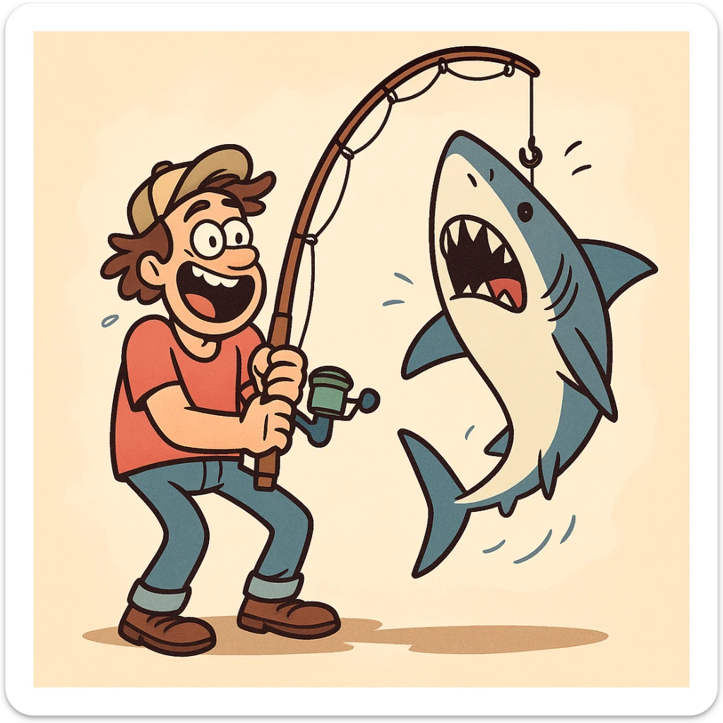 a man excitedly holding a fishing rod, a large shark dangling from the hook, playful cartoon style, dynamic and colorful sticker