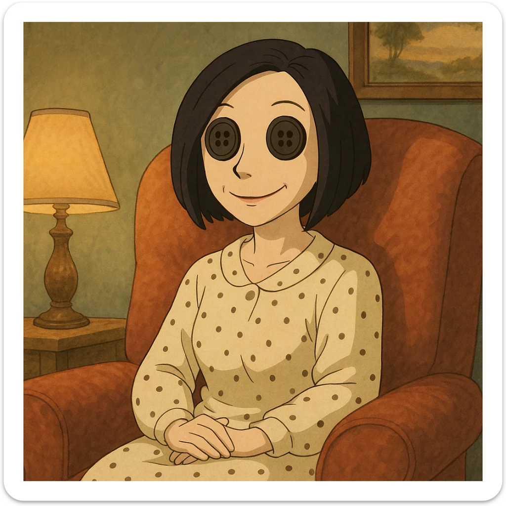 The Beldam (Other Mother) from Coraline, cute Ghibli style, button eyes, sitting in a cozy chair, gentle smile sticker