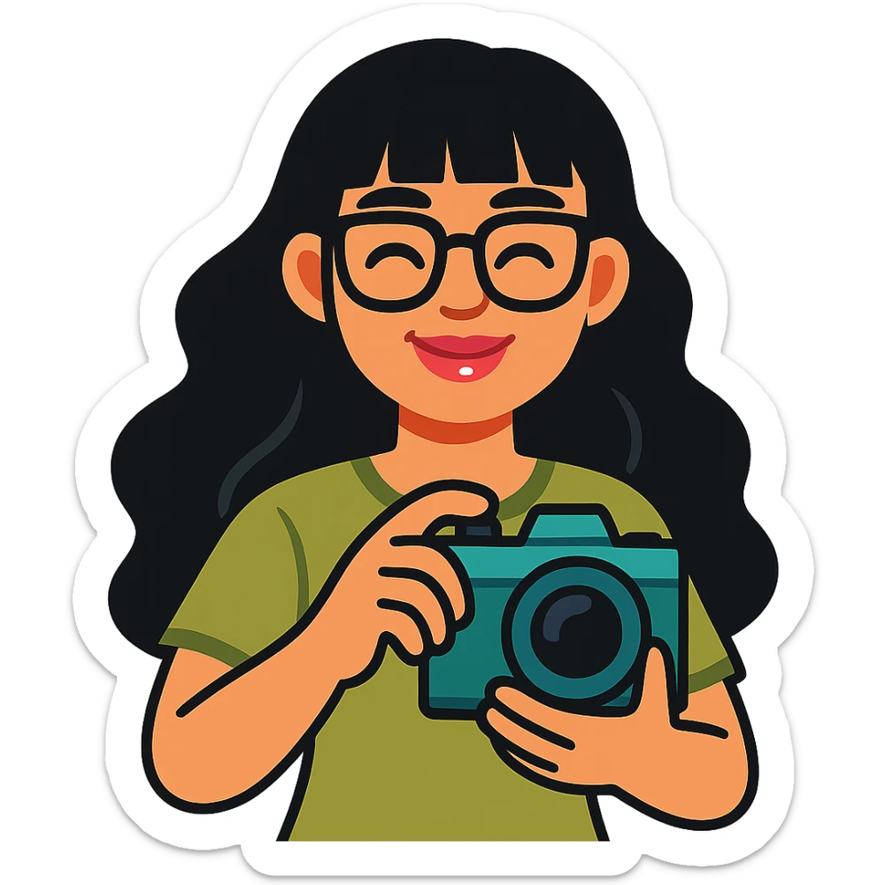 girl with long wavy black hair, bangs, black glasses, pink lip gloss, holding a teal camera, closed smile, light moss green shirt, vibrant cartoon style sticker