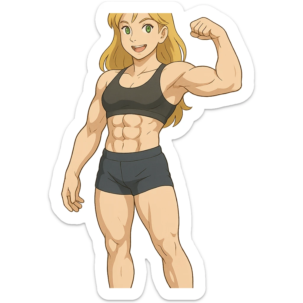 full body pose of a muscular white girl with blonde hair and green eyes, flexing 6 pack abs and one arm bicep sticker