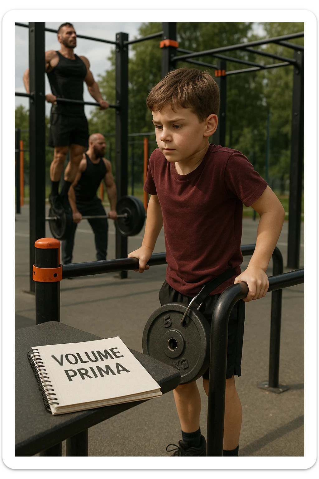 Atleta neofita giovane in un parco attrezzato per streetlifting, fisico ancora in fase iniziale. È intento a eseguire molte ripetizioni di esercizi a corpo libero con pesi leggeri (zavorra moderata), come trazioni e dip su parallele. Accanto a lui un taccuino di allenamento con la scritta 'Volume Prima'. L’atmosfera è luminosa e motivante, con altri atleti più muscolosi che sollevano carichi pesanti, ma lui è concentrato sul gesto tecnico e sulla costanza. Stile realistico, colori naturali, messaggio educativo su priorità all’adattamento progressivo e al volume. sticker