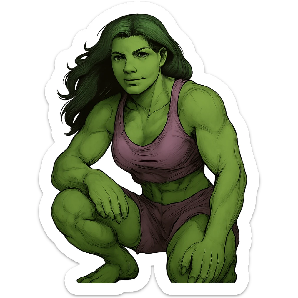 Woman Hulk with a calm, relaxed face, green skin, muscular, keep the pose and style, no background. The style is a muscular green superhero woman, keep the original style look but calm the expression and isolate the subject with no background. sticker