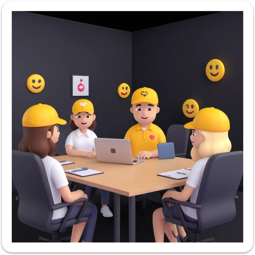 Show the start-up CEO, millennial, with cap and shirt in a modern meeting room, 3D emoji style. sticker