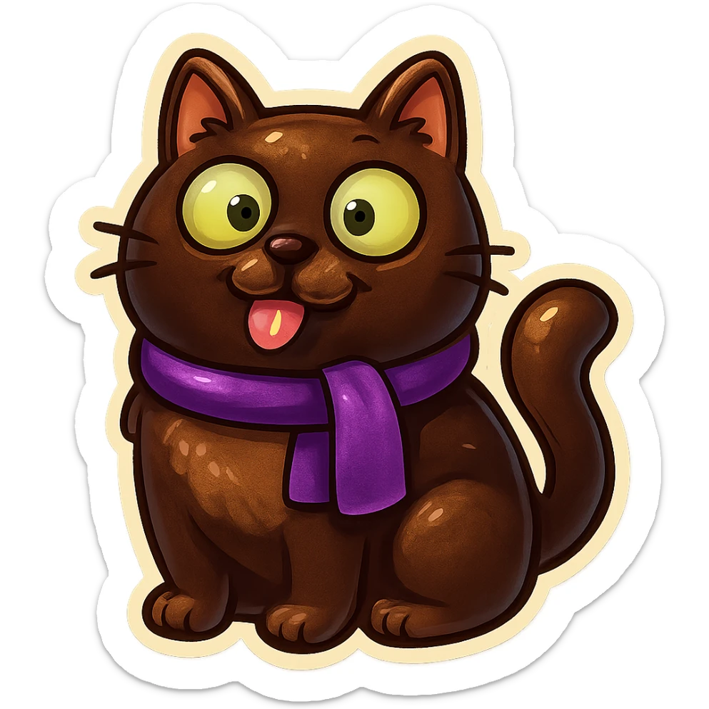 Fluffy cute derpy silly goofy funny dark-brown cat with green eyes and a purple scarf  sticker