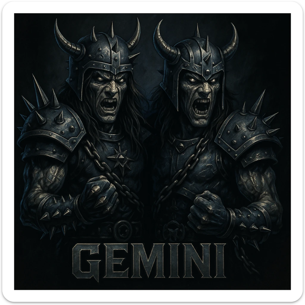 Gemini twins as heavy metal mascots, bold and edgy, metallic details, dark color palette, dramatic lighting sticker