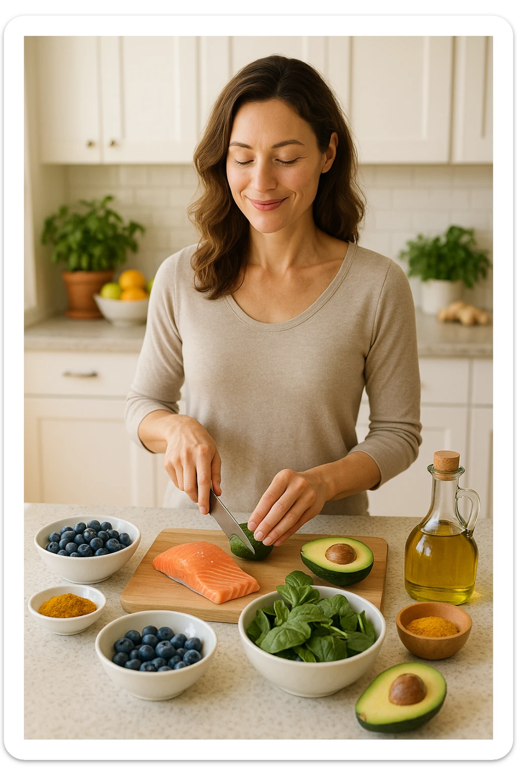 Donna tra i 30 e i 40 anni in una cucina luminosa, serena e sorridente, mentre prepara un pasto a base di cibi antinfiammatori: avocado, mirtilli, salmone selvaggio, verdure a foglia verde, olio d’oliva, curcuma. Il piano cucina è ordinato, ricco di colori naturali. Sullo sfondo: erbe fresche, frutta, una tisana allo zenzero. La donna appare in forma, rilassata e consapevole delle sue scelte. Atmosfera calda e armoniosa, luce naturale. Stile realistico, tono positivo e ispirazionale sticker