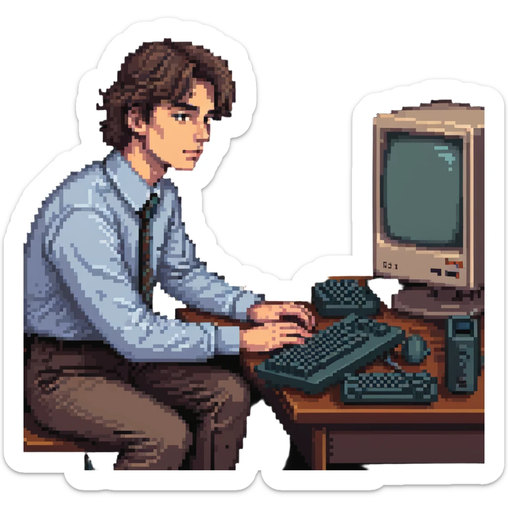 Young man sitting at desk with vintage desktop computer with large CRT monitor sticker