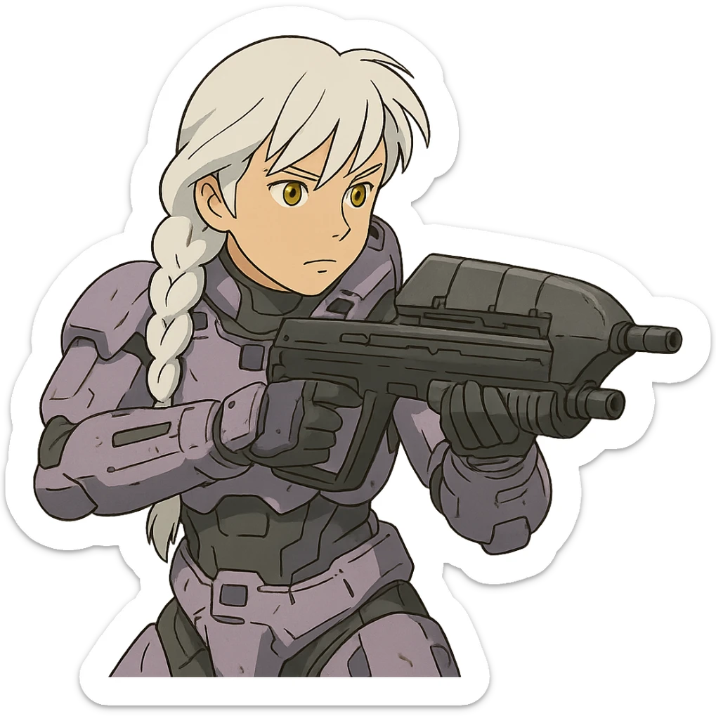 female, wearing reach spartan armor shoulder-unequip, long white braid hair with massive messy front side single bangs, gold yellow eyes, attention pose, HALO:series, no helmet, the armor is lavender color scheme, shoulder pad off. DDD bust size fitting. ,  aiming a classic HALO1 AR, tactical, lean sticker