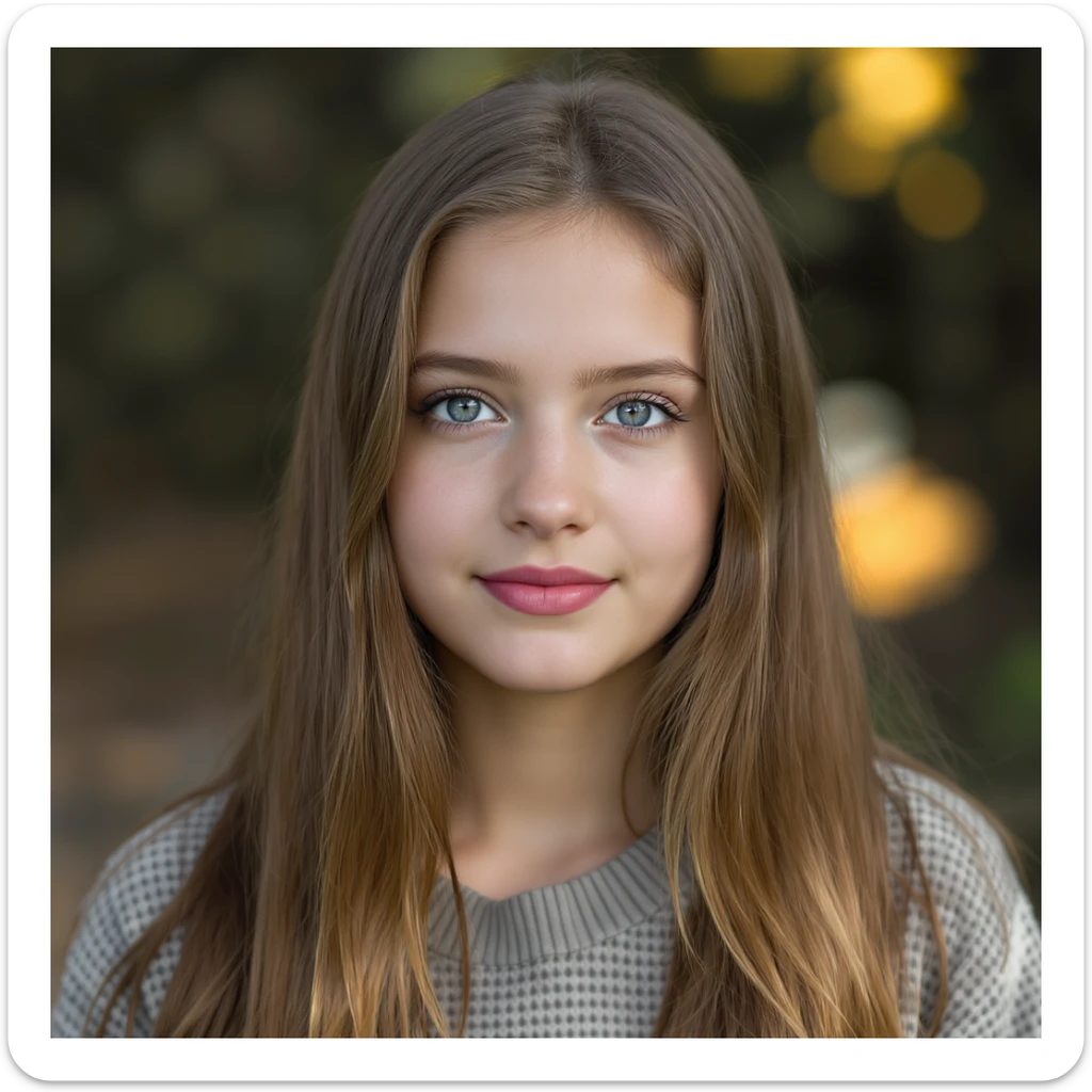 realistic portrait of a girl with long straight brunette hair and blue eyes, natural lighting, subtle expression, clean background sticker