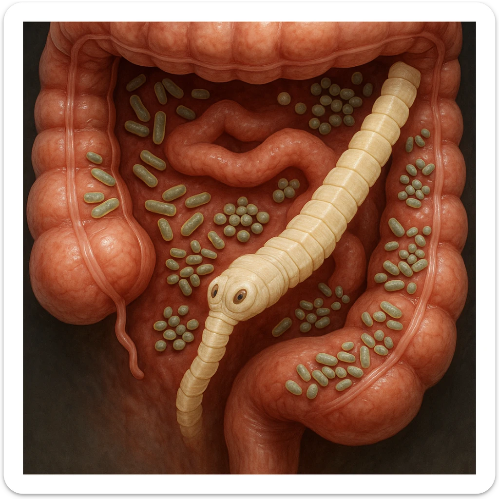 a medical illustration of a human realistic gut with bacteria and parasyte (tenia) realistic 4k real   sticker