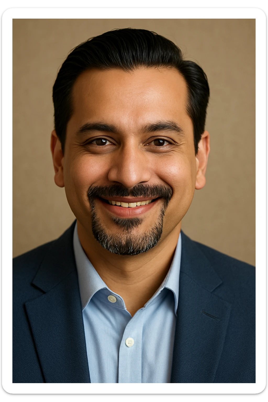 A 40-year-old Indian man, fair complexion, slick French goatee, and a pleasant, trustworthy smile that makes people feel good. sticker