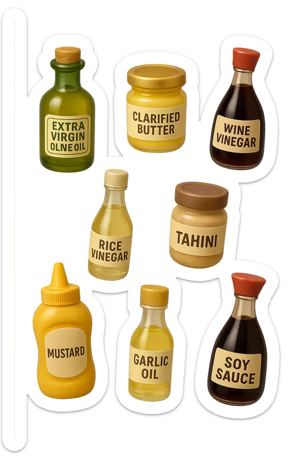 emoji stile iphone 3d di questi elementi che fluttuano in aria sparsi casualmente:

Olio extravergine d’oliva, burro chiarificato
Olio all’aglio (senza pezzetti)
Aceto di vino, aceto di riso, senape, tahin
Salsa di soia fermentata (senza aglio/cipolla)


 che fluttuano sparse casualmente in aria, iperealistico 4k sticker