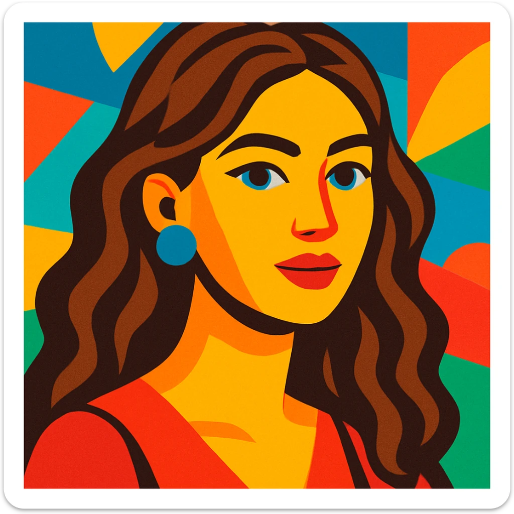 mujer linda de cabello marrón, estilo ilustración colorida, colorful illustration style sticker