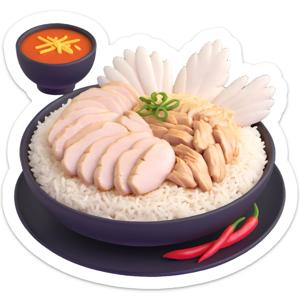 Singapore chicken rice with sliced poached chicken, fragrant rice, and chili sauce sticker