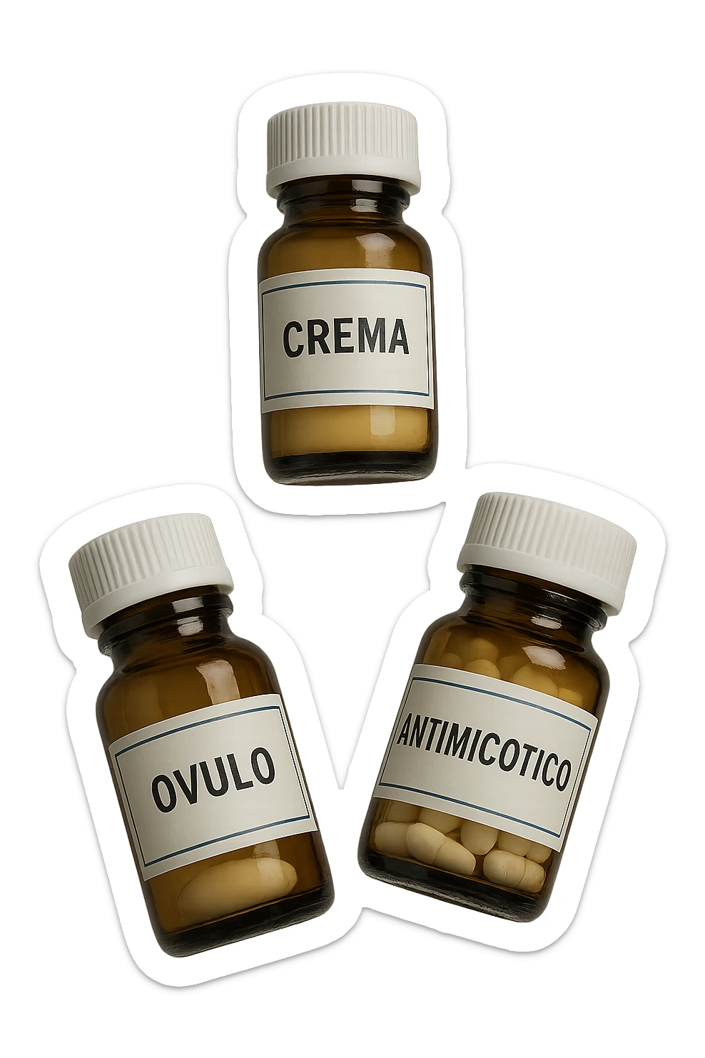 boccette di farmaci fluttuano in aria con le scritte: crema, ovulo o antimicotico in italiano sulle etichette, IPERREALISTICO 4K sticker