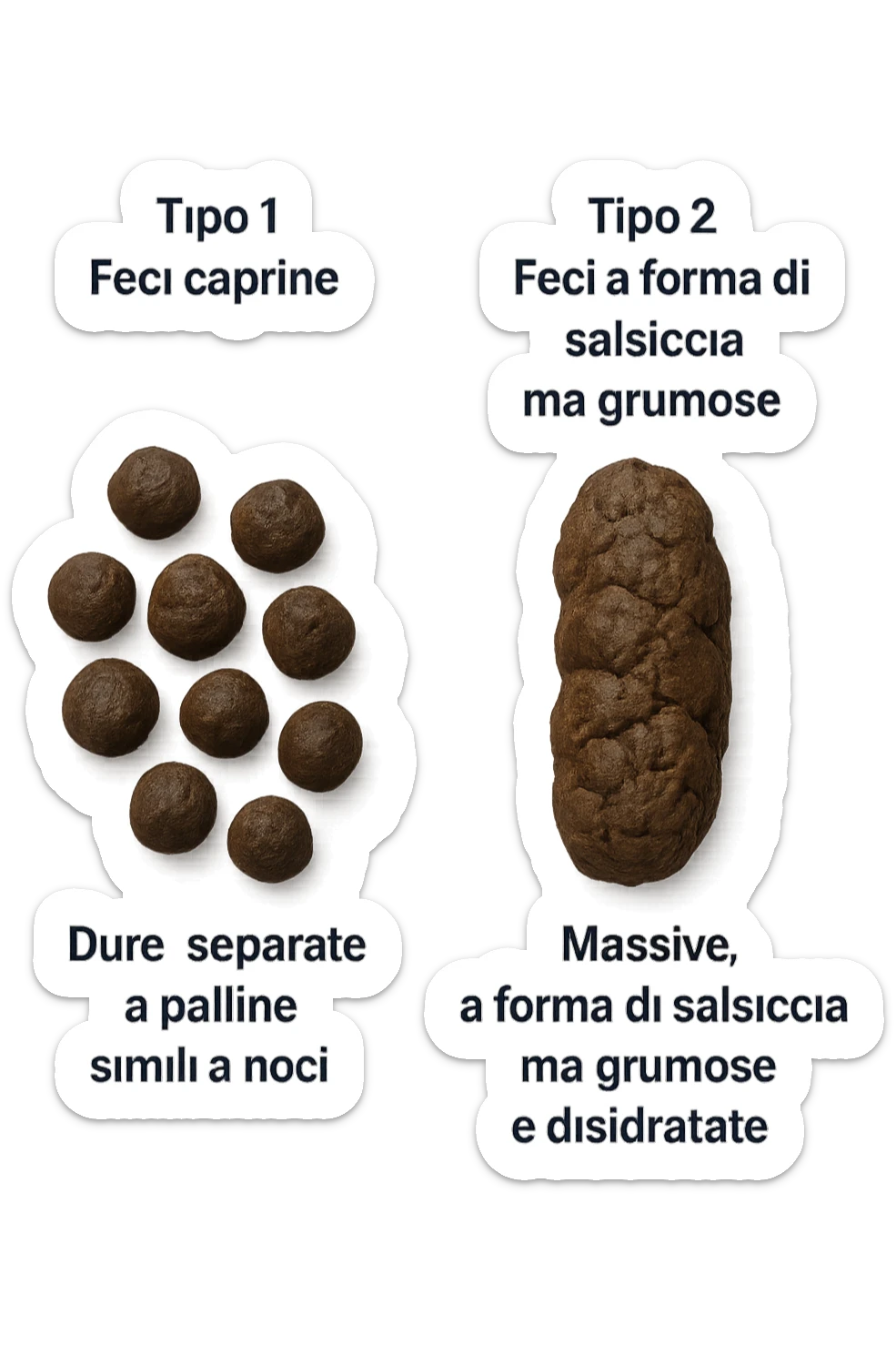 immagine di due tipi di feci iperrealistiche viste dall'alto con descrizione:
Tipo 1 – Feci caprine
Palline dure, separate, simili a noci

Tipo 2 – Feci a forma di salsiccia ma grumose
Massicce e disidratate.
 sticker