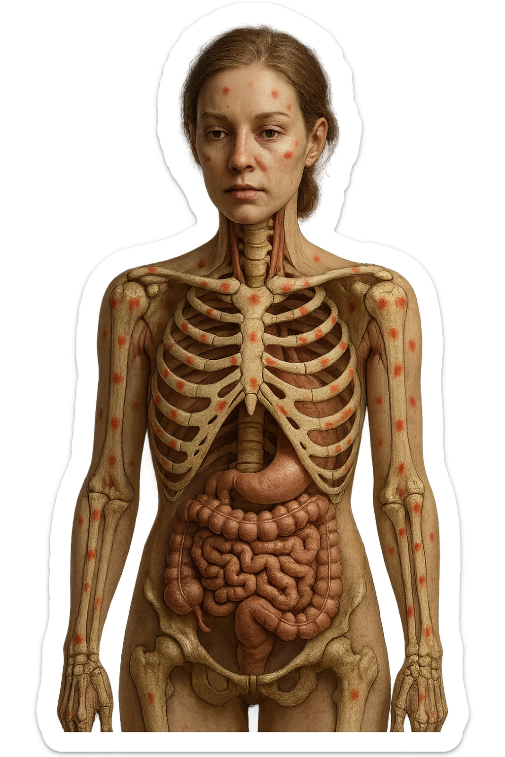 corpo umano anatomico di una donna affetta da fibromialgia, intestino anatomico realistico e red spot sparsi sulle sue ossa, iperrealistica 4k sticker
