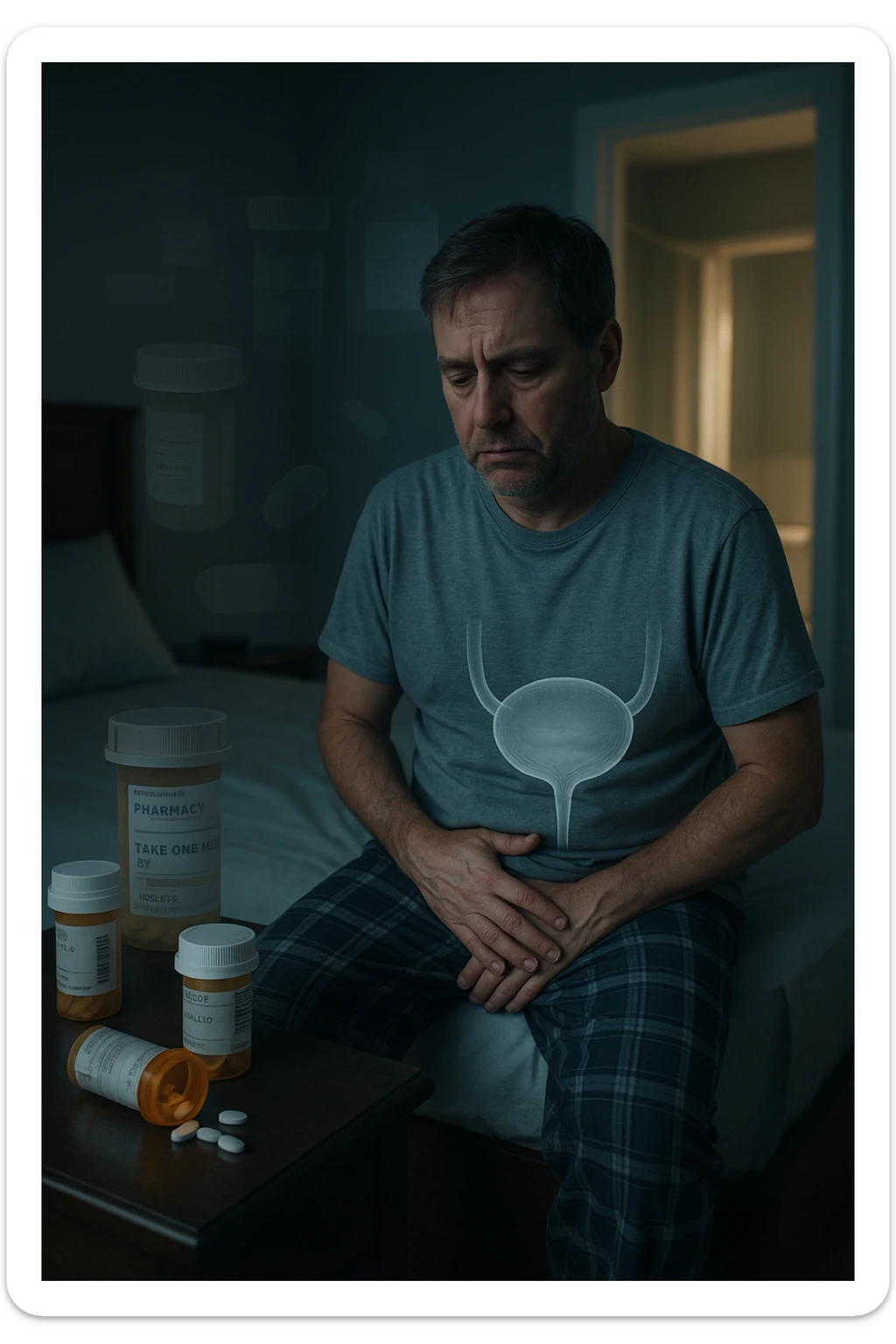 A middle-aged man sits on the edge of his bed in a dimly lit bedroom, looking exhausted and frustrated. On the nightstand beside him are several prescription pill bottles, loosely organized, some open — suggesting long-term medication use. In the background, the bathroom door glows softly, partially open, with a faint reflection of the toilet visible, indicating frequent nighttime trips. The man wears a loose T-shirt and pajama pants, his posture slightly curved as he gently touches his lower abdomen, symbolizing bladder discomfort. His eyes have dark circles, his expression is drained. The color palette is muted blues and greys, with a cinematic soft focus and ambient light highlighting emotional fatigue. A subtle overlay of pill labels and bladder imagery could be added for educational use. sticker