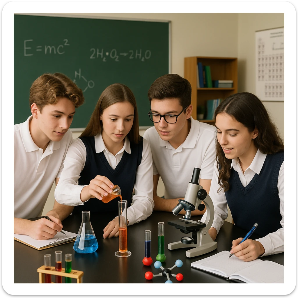 male and female students together, wearing school uniforms (white polo for male, white long sleeves and navy blue vest for female), working on a science experiment, hands-on learning sticker