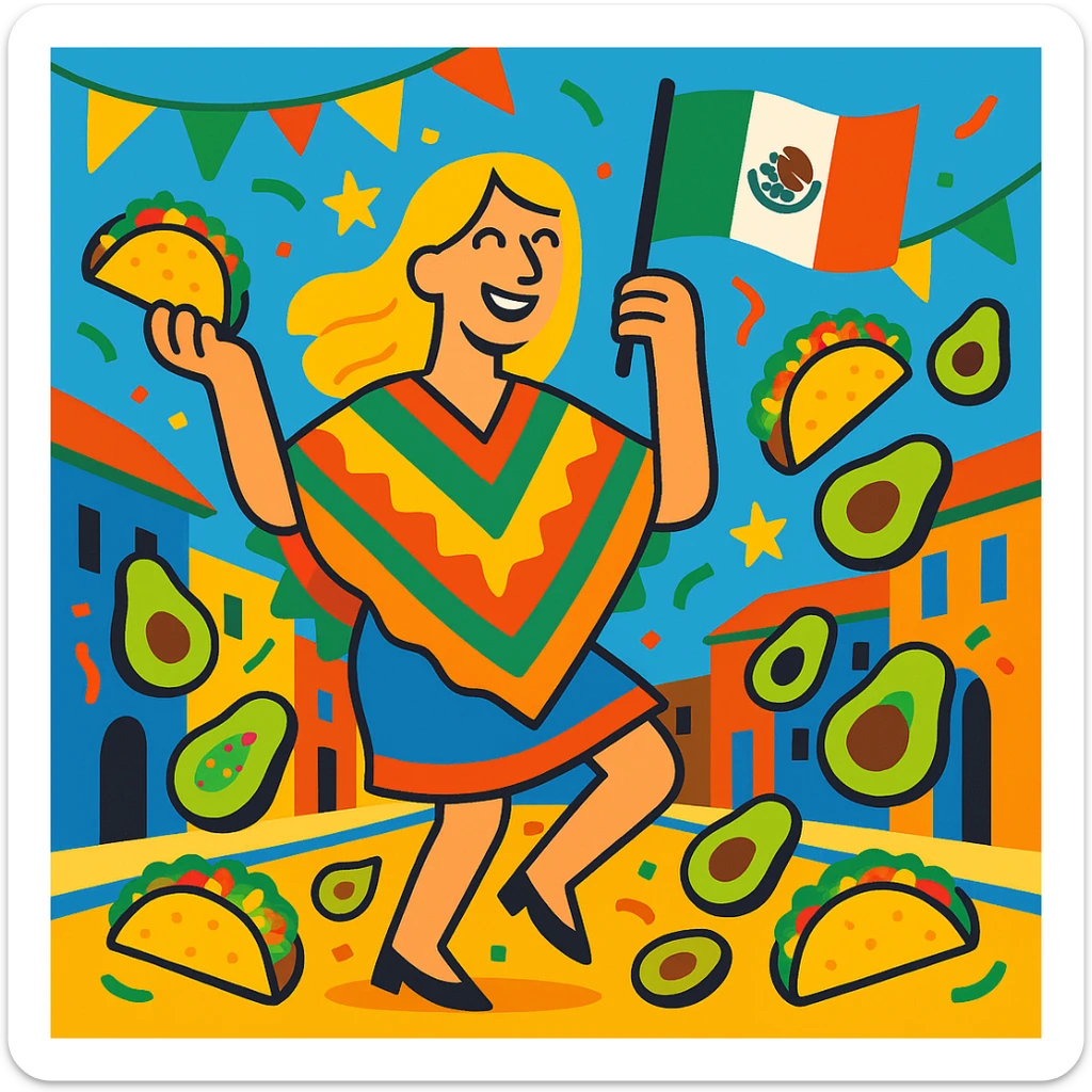 festive Cinco de Mayo cartoon of a tall blonde woman, smiling, wearing a colorful poncho, holding a taco and an avocado, waving a Mexico flag, dancing in the street, surrounded by tacos and avocados, lively street party background, bright and bold colors sticker