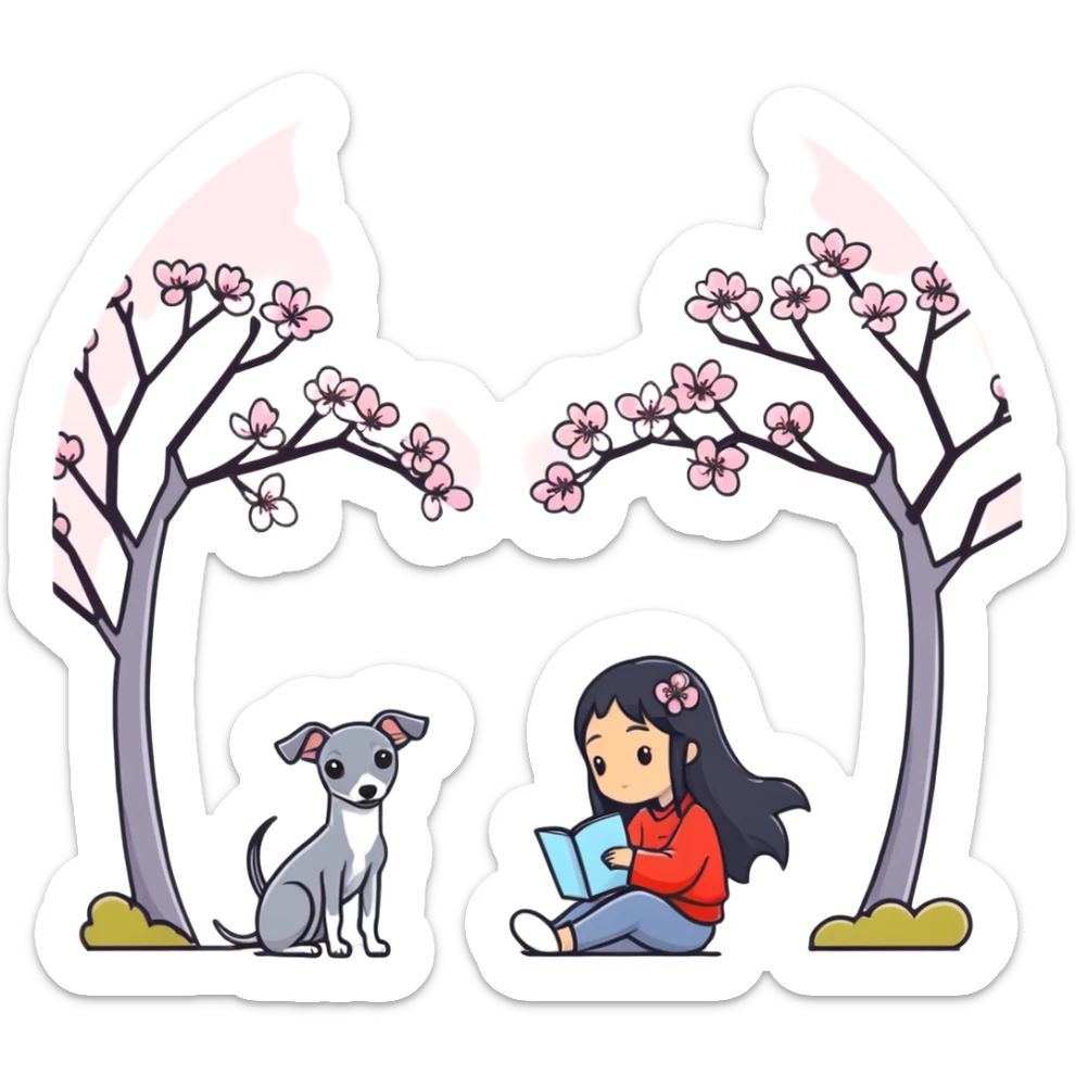 A beautiful 25-year-old Chinese woman with long black hair and a pure dark grey Italian Greyhound with absolutely NO white markings anywhere on its body sitting under a cherry blossom tree. The dog must be completely solid dark grey with no white on muzzle, paws, or chest. sticker