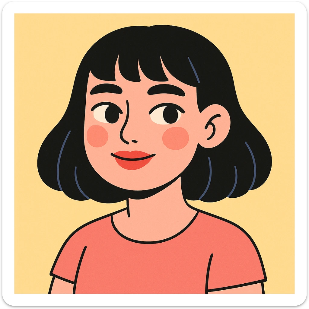 portrait of a girl with black shoulder-length hair, bangs, black almond-shaped eyes, full lips, and straight nose, in pastel toon style sticker