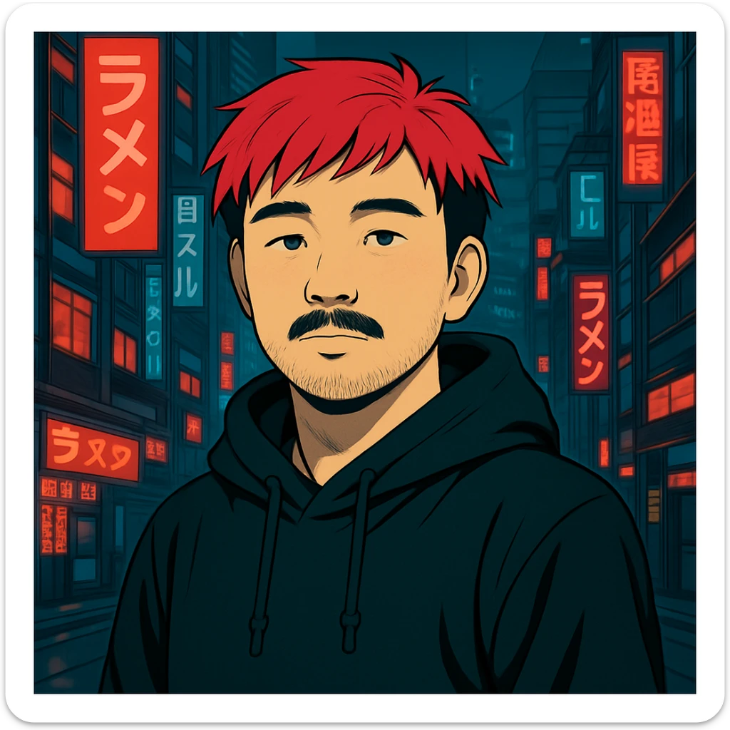 Asian man with a bit round face, less mustache, and a bit of beard, red hair, black hoodie, Japanese cyberpunk anime style, futuristic city background sticker