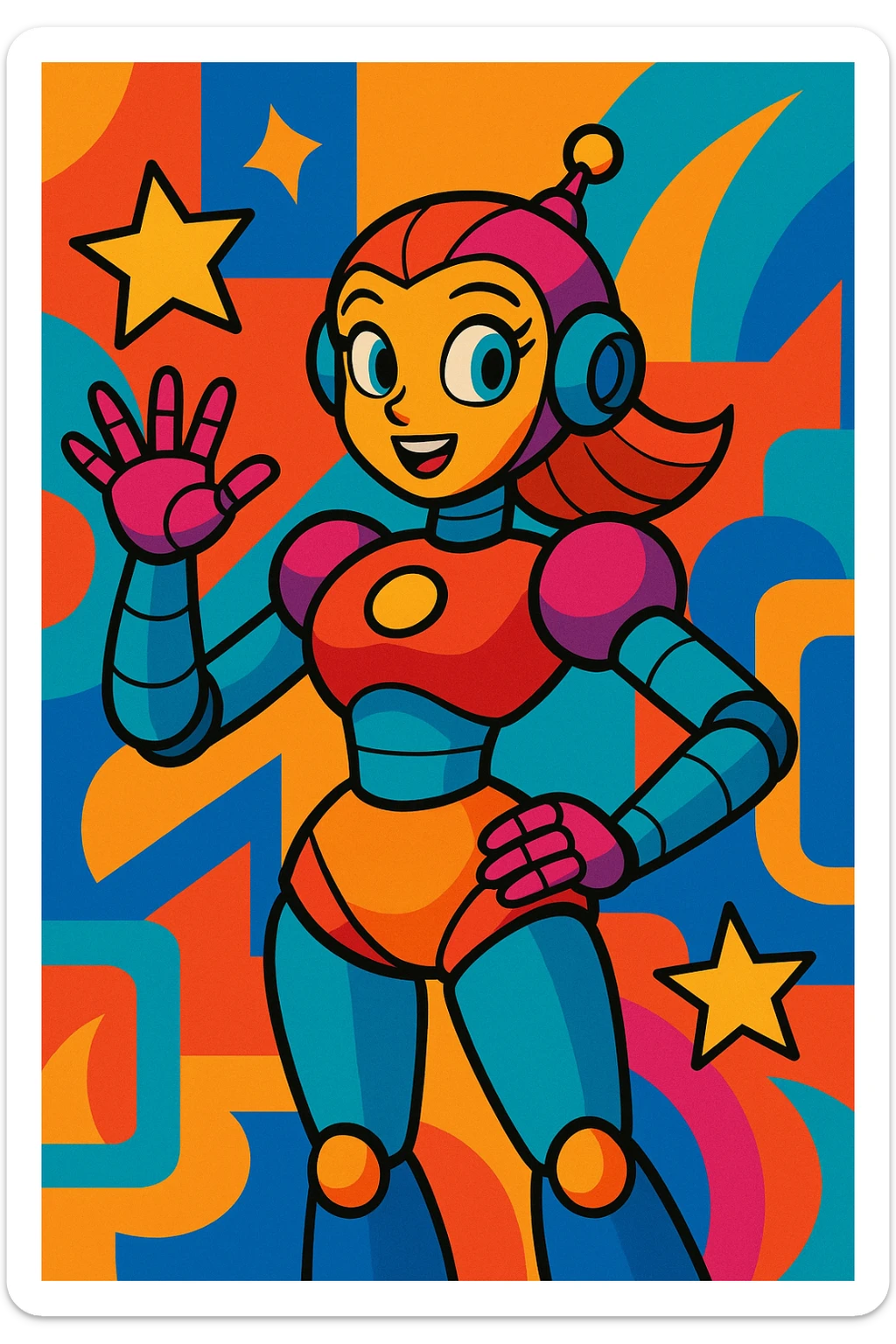 female robot, vibrant toon style, colorful, lively, detailed character illustration sticker