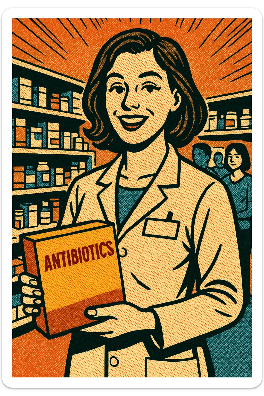 the full body of a A friendly modern day female pharmacist holding a large box of antibiotics in her hand. In the background are shelves of other medications in the pharmacy with patients waiting to be served sticker